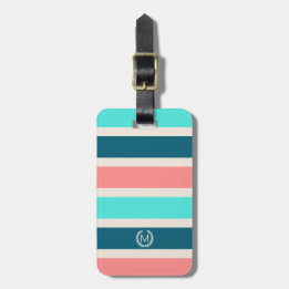Koraal, Turquoise & Teal Streep Initiaal Monogram Bagagelabel