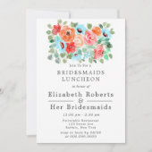 Koraal Turquoise Verf Bloemen Bruidsmeisjes Lunche Kaart (Voorkant)