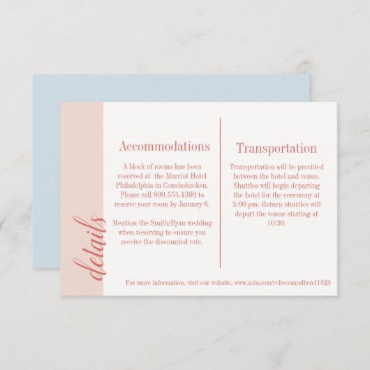 Koraal uitnodiging insert, Caroline bruiloft Informatiekaartje (Voorkant / Achterkant)