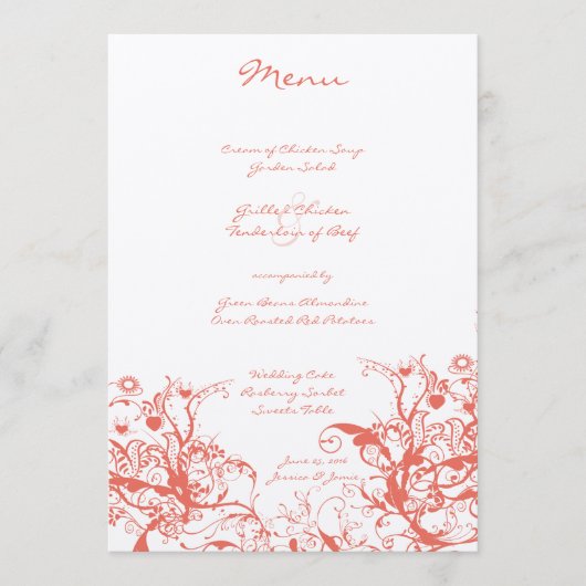 Koraal Vogels en Krullen Trouwmenu Menu (Voorkant)