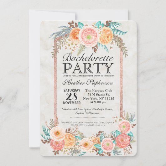 Koraal Waterverf Bloemen en Gouden Bachelorette Kaart (Voorkant)