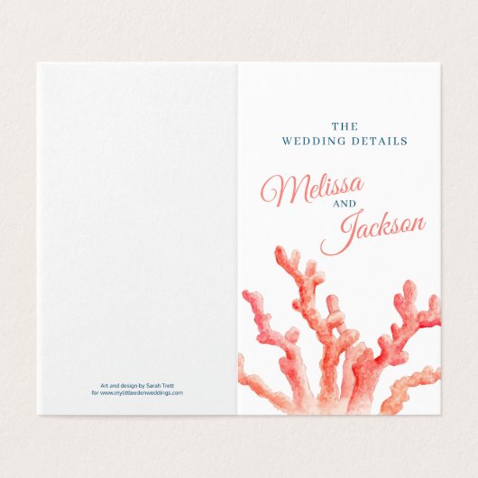 Koraal waterverf bruiloft kaart en details kaart (Buitenkant ongevouwen)