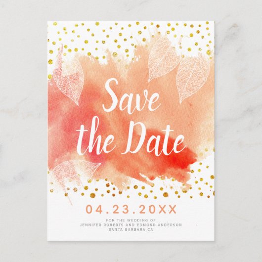 Koraal waterverf en verlaat bruiloft Opslaan Datum Aankondigingskaart (Voorkant)