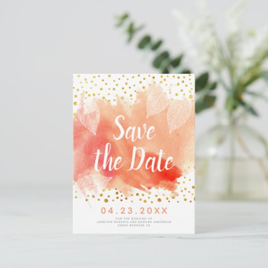 Koraal waterverf en verlaat bruiloft Opslaan Datum Aankondigingskaart (Staand voorkant)