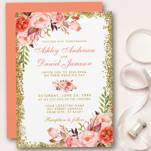 Koraal Waterverf Floral en Gold Glitter Wedding Kaart