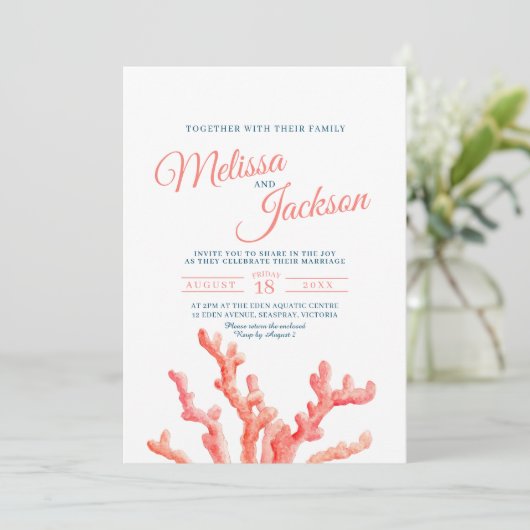 Koraal waterverf kunst schilderij bruiloft kaart (Staand voorkant)