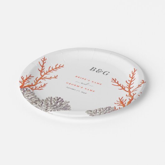 Koraal Waterverf Strand Modern Bruiloft Papieren Bordje (Gekanteld)