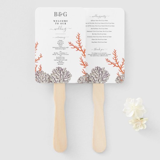 Koraal Waterverf Strand Modern Huwelijksprogramma Handwaaier (Voorkant en achterkant)