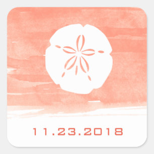 Koraal Waterverf Zand Dollar Bruiloft Datum Vierkante Sticker