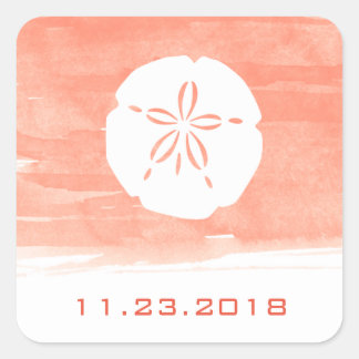 Koraal Waterverf Zand Dollar Bruiloft Datum Vierkante Sticker