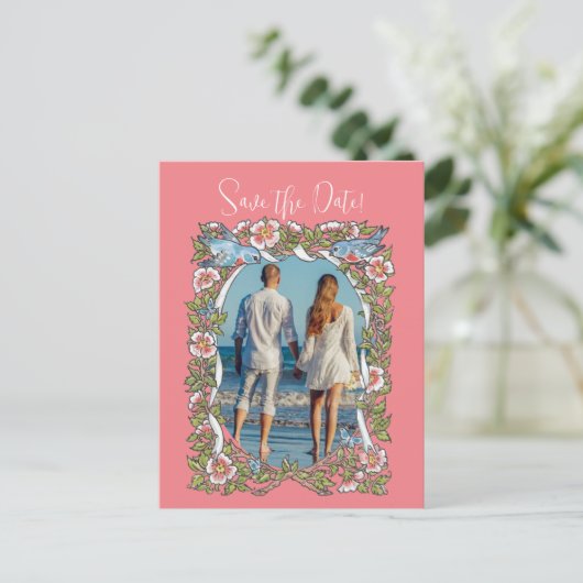 Koraal Wilde Bloem Vogel Rand Opslag Datum Foto Briefkaart (Staand voorkant)