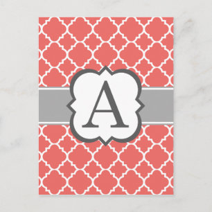 Koraal wit monogram Letter A Quatrefoil Briefkaart