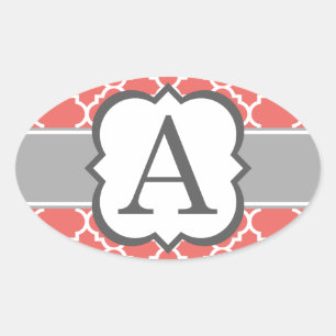 Koraal Wit Monogram Letter A Quatrefoil Ovale Sticker