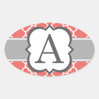 Koraal Wit Monogram Letter A Quatrefoil Ovale Sticker