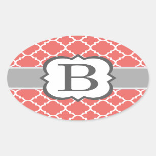 Koraal Wit Monogram Letter B Quatrefoil Ovale Sticker