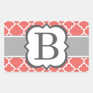 Koraal Wit Monogram Letter B Quatrefoil Rechthoekige Sticker