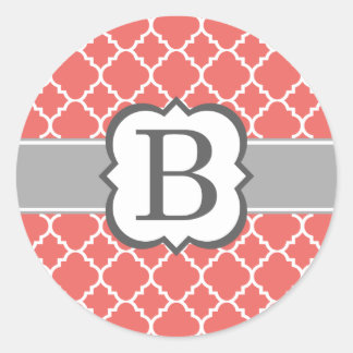 Koraal Wit Monogram Letter B Quatrefoil Ronde Sticker