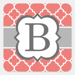 Koraal Wit Monogram Letter B Quatrefoil Vierkante Sticker