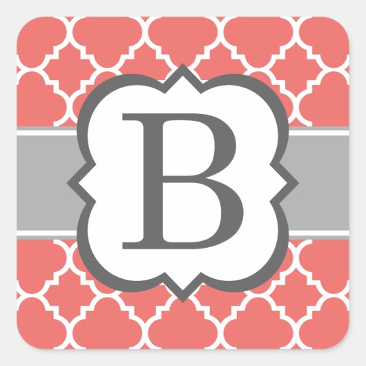 Koraal Wit Monogram Letter B Quatrefoil Vierkante Sticker (Voorkant)
