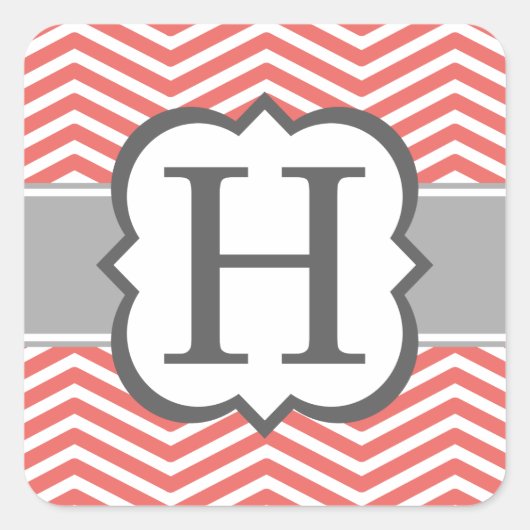 Koraal Wit Monogram Letter H Chevron Vierkante Sticker (Voorkant)