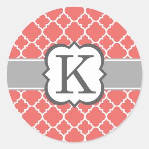 Koraal Wit Monogram Letter K Quatrefoil Ronde Sticker
