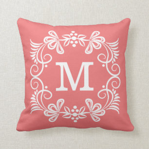Koraal Witte Aangepaste Monogram Decoratie Kussen