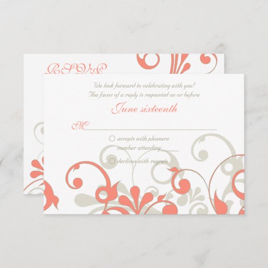 Koraal, Zand Tannend, Witte Bloemen Bruiloft RSVP  (Voorkant / Achterkant)
