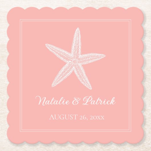 Koraal zeesterren bruiloft kartonnen onderzetters (Voorkant)