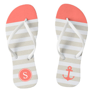 Koraalbeige strepen - Cute Nautical Anchor Monogra Teenslippers