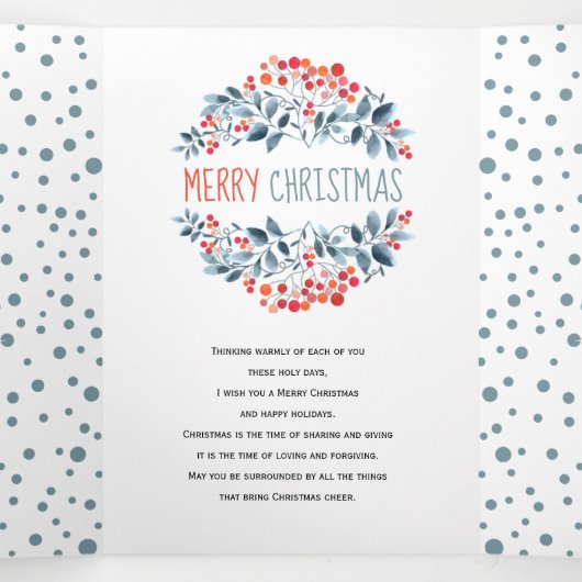 Koraalbessen, blauwe bladeren kerstfoto-collage drieluik wenskaart (Binnenkant midden)