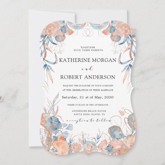 koraalblauw luchtige bloemen romantische bruiloft kaart (Voorkant)