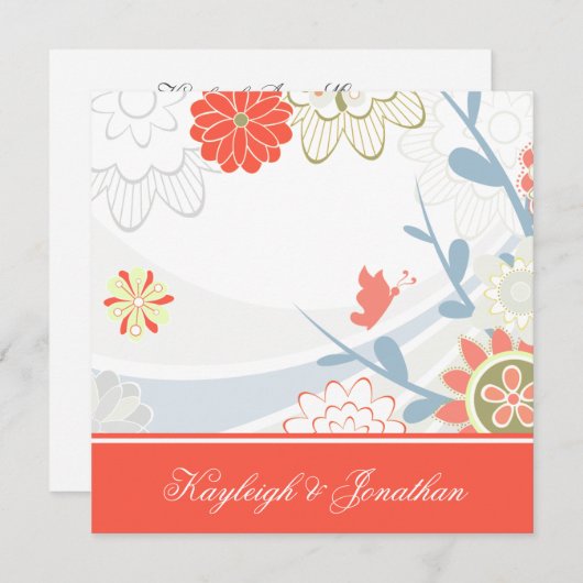 Koraalblauwe groene bloemensave the date save the date (Voorkant / Achterkant)