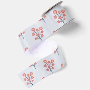 Koraalbloesem Takjes op Misty Blue Patroon Lint