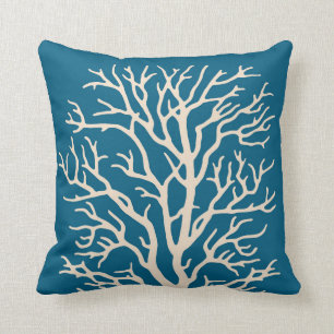 Koraalboom in crème op Blauwgroen blauw joch Kussen