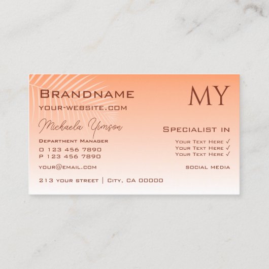 Koraalgradiënt van pasta en palmleder met monogram visitekaartje (Achterkant)