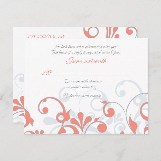 Koraalgrijs Witte Abstracte Bloem Bruiloft RSVP Ka (Voorkant / Achterkant)