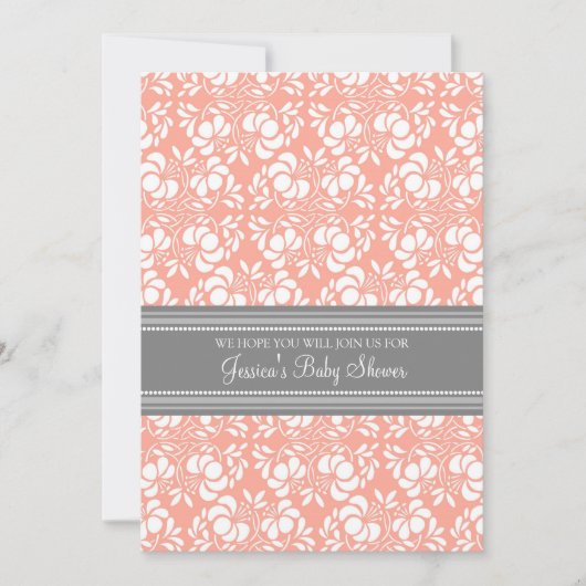 Koraalgrijze Damask Douane Babydouche Invitaties Kaart (Voorkant)
