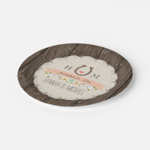 Koraalmonogrammed Hoefijzer Heart Wedding Papieren Bordje