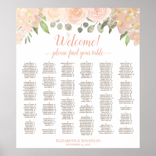 Koraalpeach Boho Floral Alfabetical Seating Chart Poster (Voorkant)