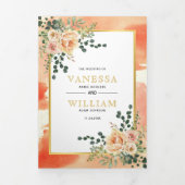 Koraalperzikbloemen, bladeren met een bloeiend win drieluik uitnodiging (Cover)