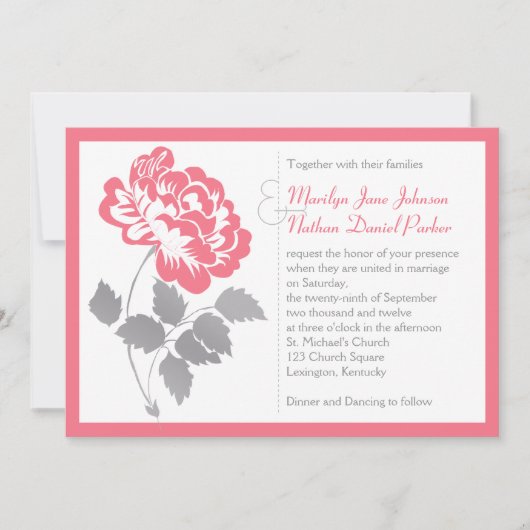 Koraalpioen met grijze bruiloft uitnodiging (Voorkant)