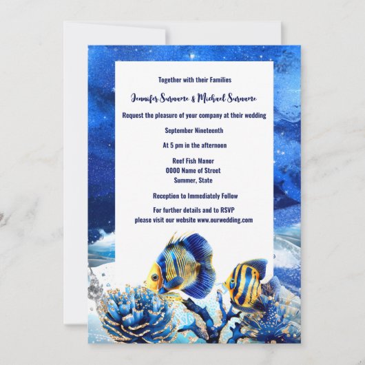Koraalrif chic blauw goud vlinder vis strand kaart (Voorkant)
