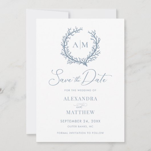 Koraalrif — Stusty Blue Nautical Beach Weddenschap Save The Date (Voorkant)