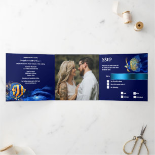 Koraalrif vis tropisch blauw sinaasappel kust chic drieluik uitnodiging