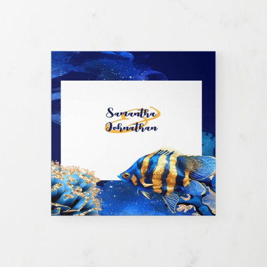 Koraalrif vis tropisch blauw sinaasappel kust chic drieluik uitnodiging (Cover)