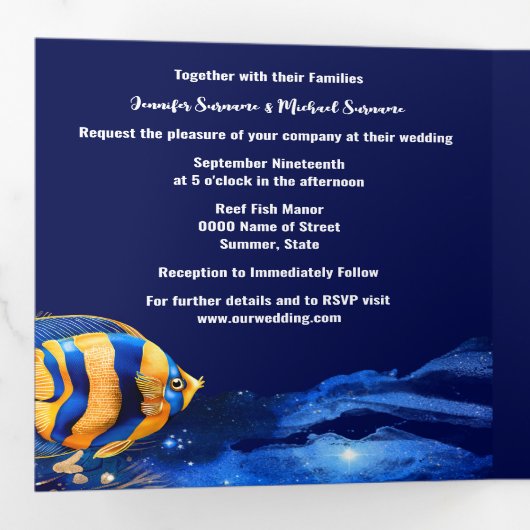 Koraalrif vis tropisch blauw sinaasappel kust chic drieluik uitnodiging (Binnenzijde eerst)