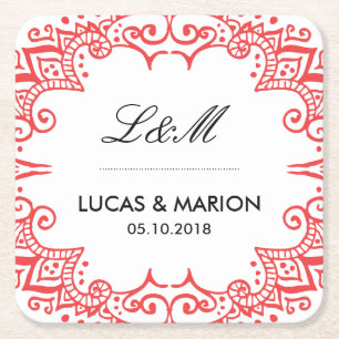 Koraalrode Floral wervelkolom Deco Art Weddenschap Vierkante Kartonnen Onderzetter