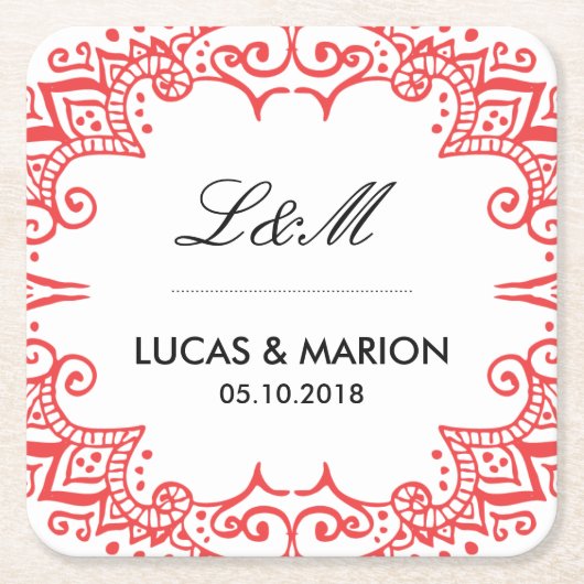 Koraalrode Floral wervelkolom Deco Art Weddenschap Vierkante Kartonnen Onderzetter (Voorkant)