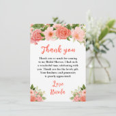 Koraalrode rozen met gebladerte bruidsdouche bedankkaart (Staand voorkant)