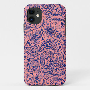 Koraalrood & blauw  bloemmotief Paisley iPhone 11 Hoesje